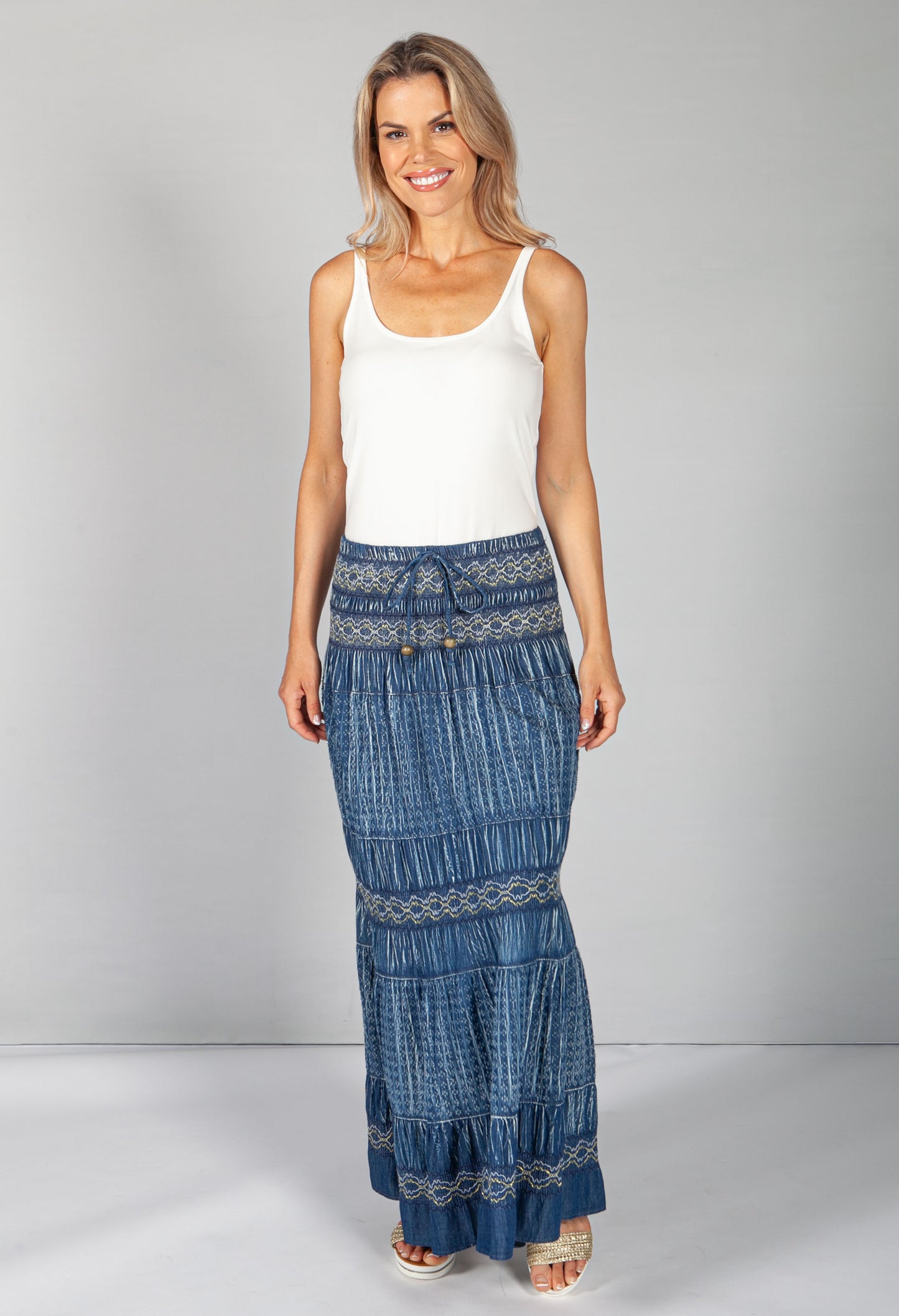 Multi-Wear Boho Denim Skirt with Navy Stitching