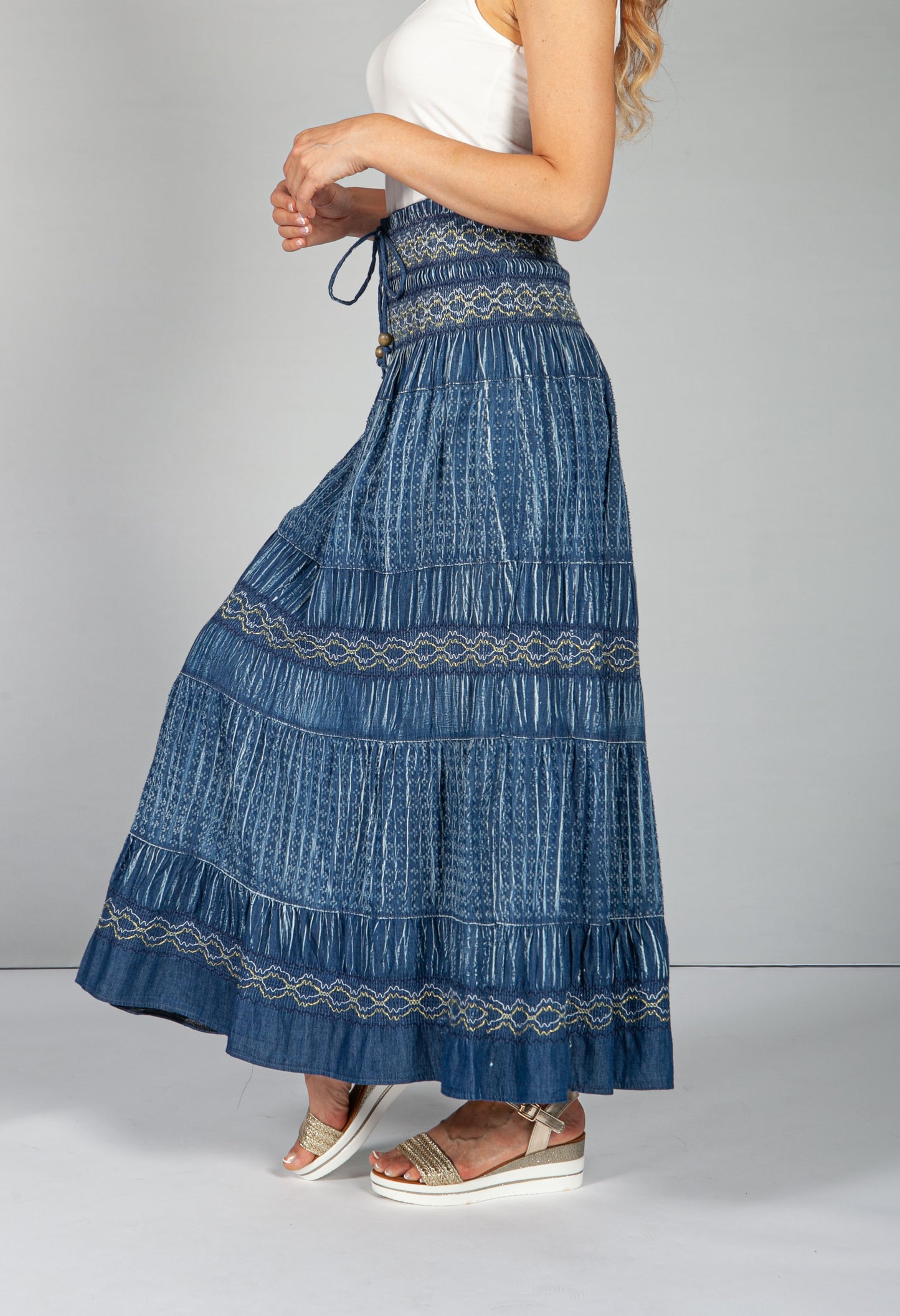 Multi-Wear Boho Denim Skirt with Navy Stitching