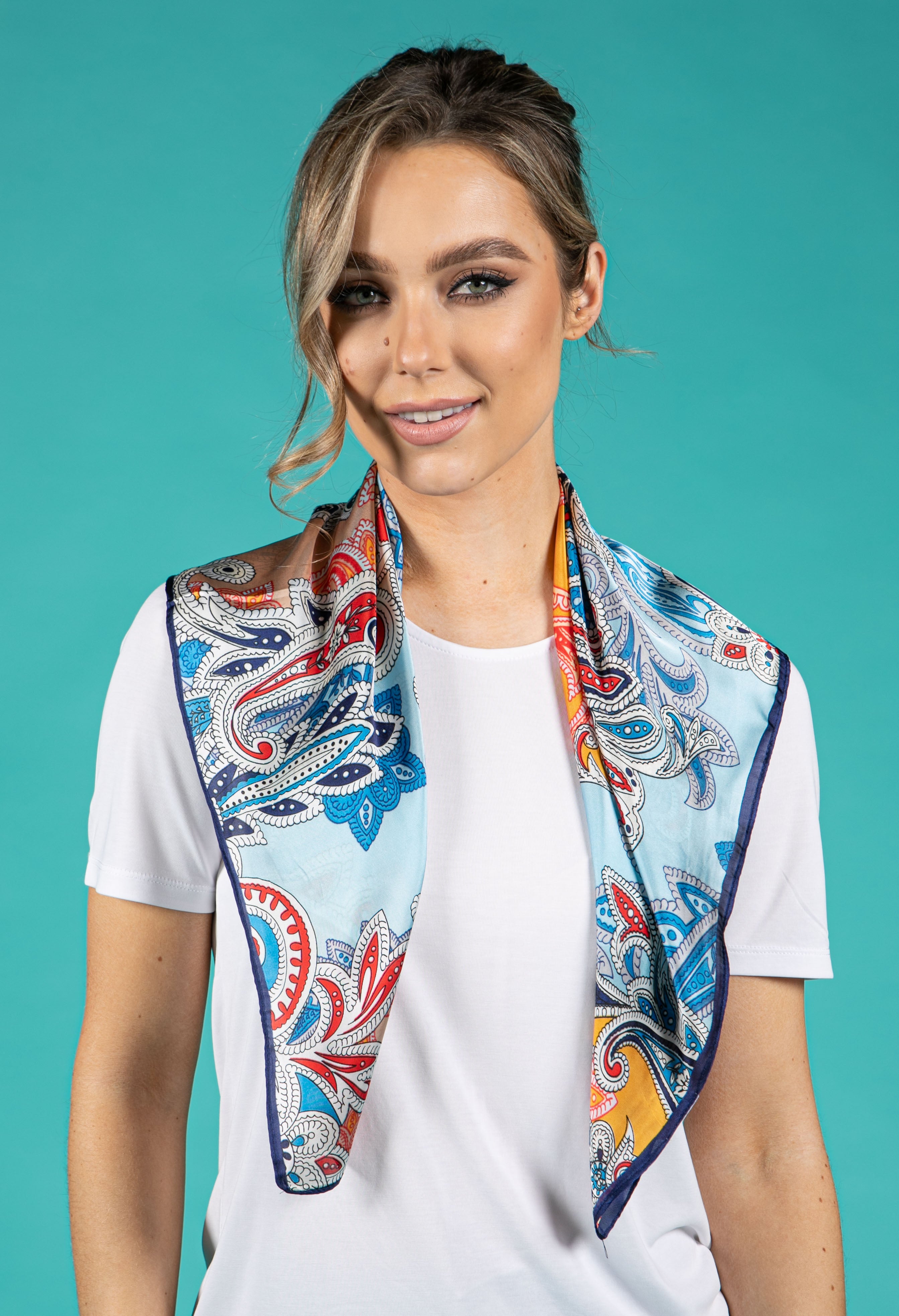 PS Accessories Paisley Print Silk Feel Scarf in Blue | Pamela Scott