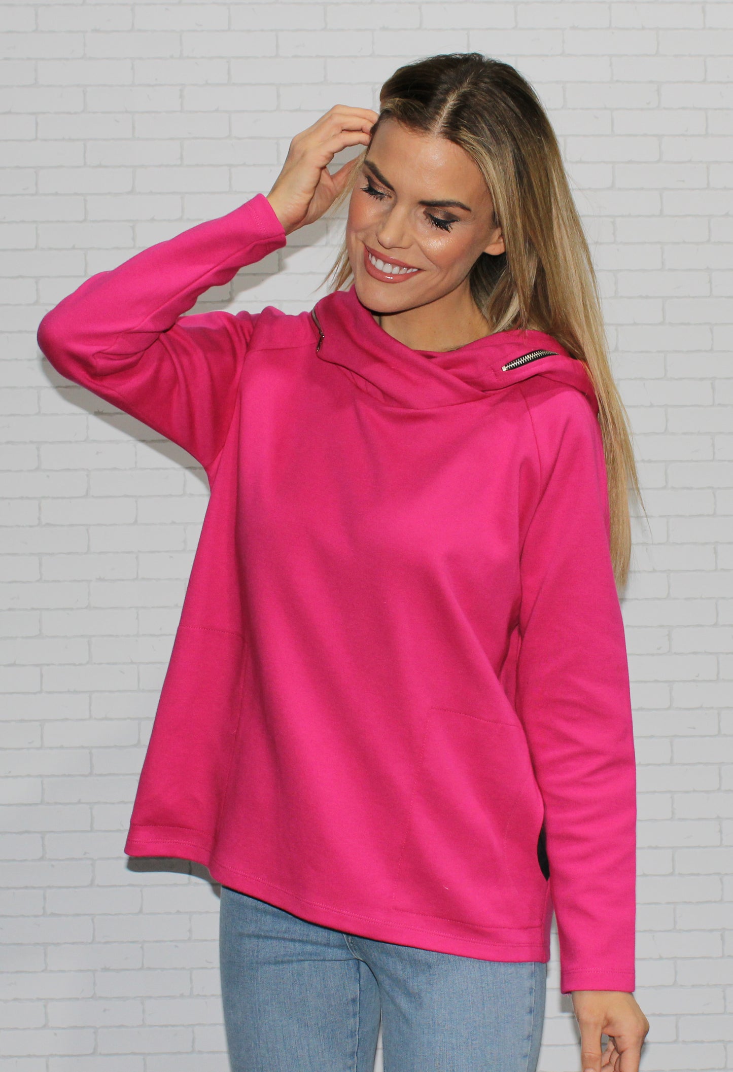 fuchsia hoodie with zipper detail