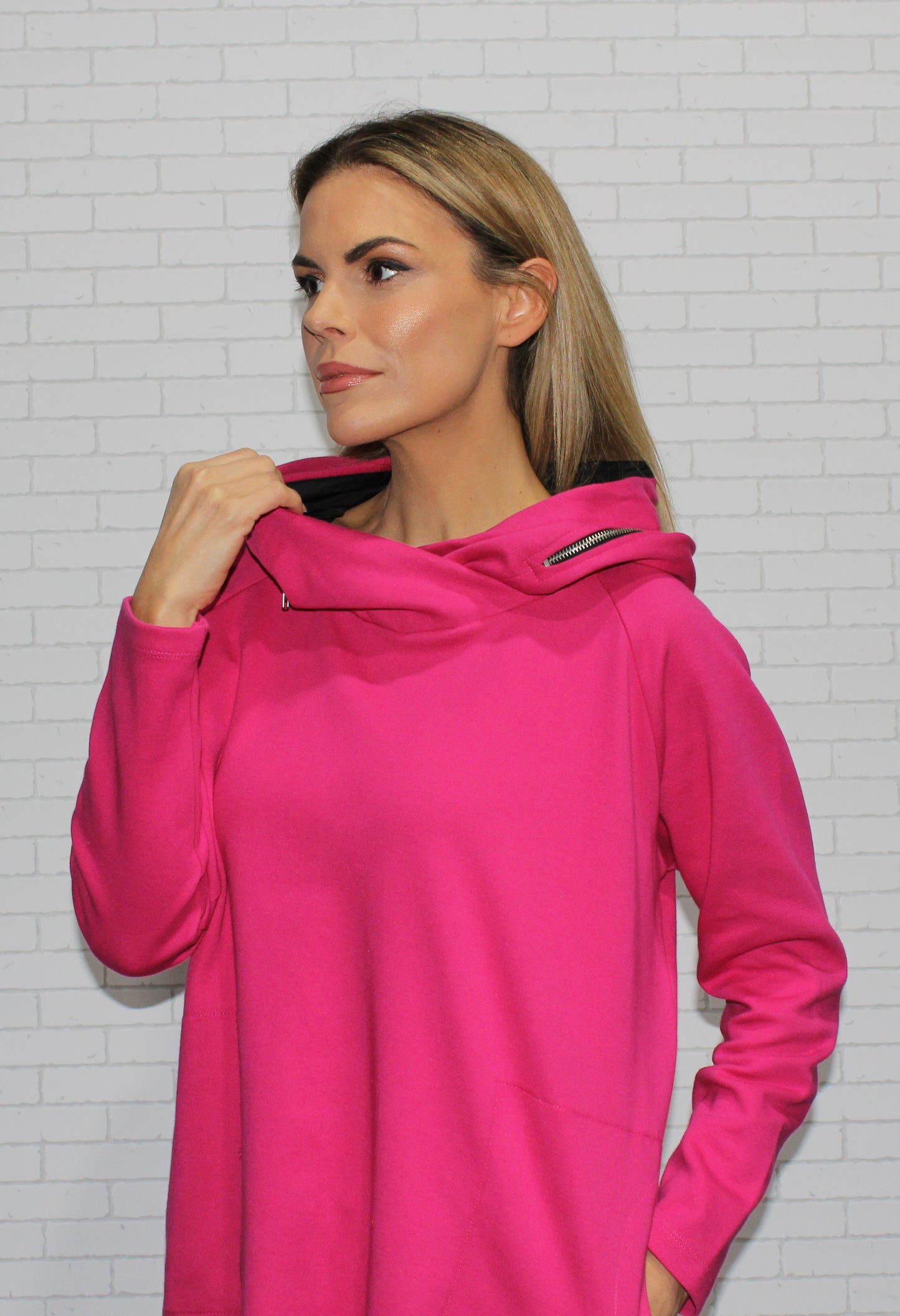 fuchsia hoodie with zipper detail