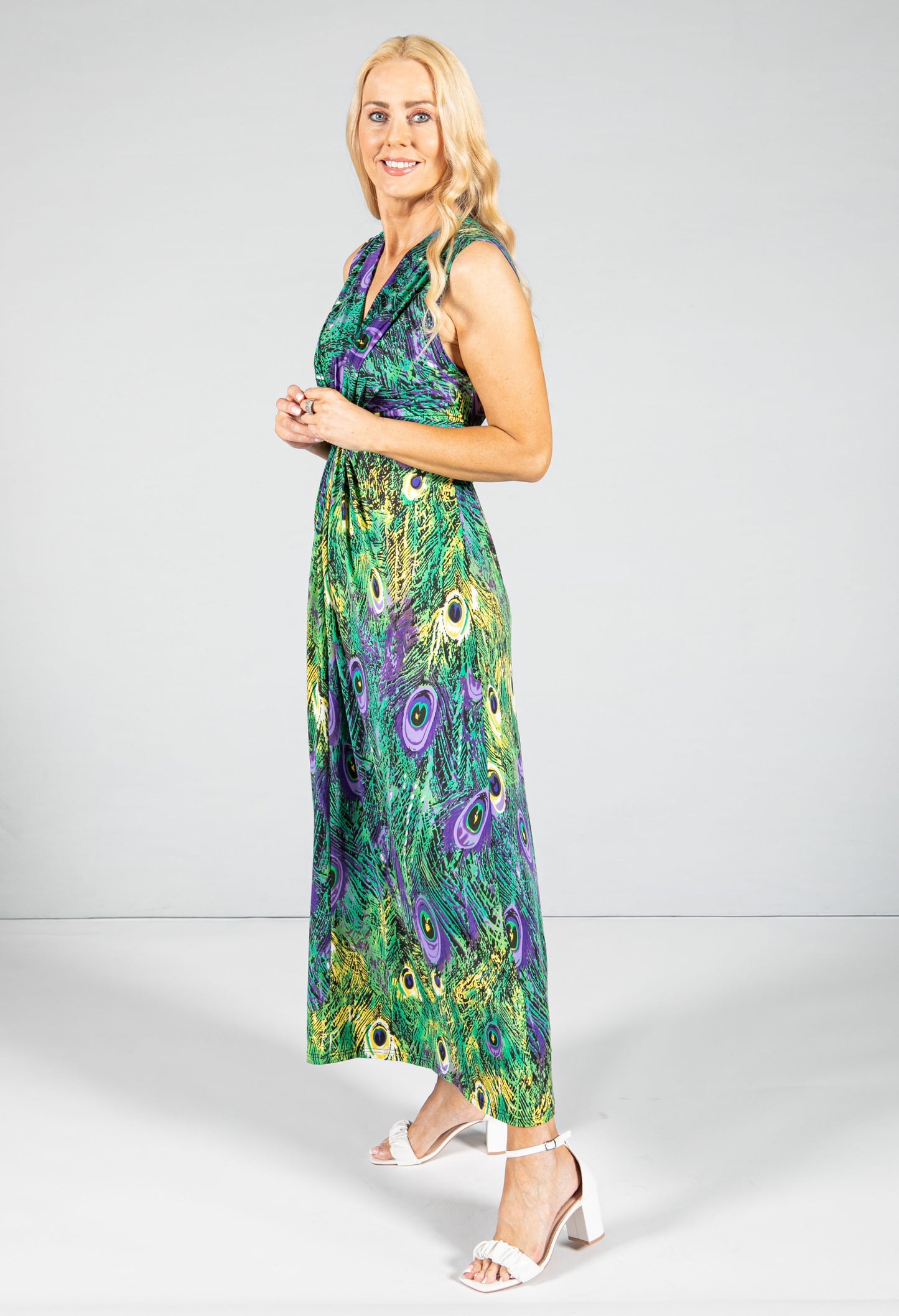 Peacock print maxi dress