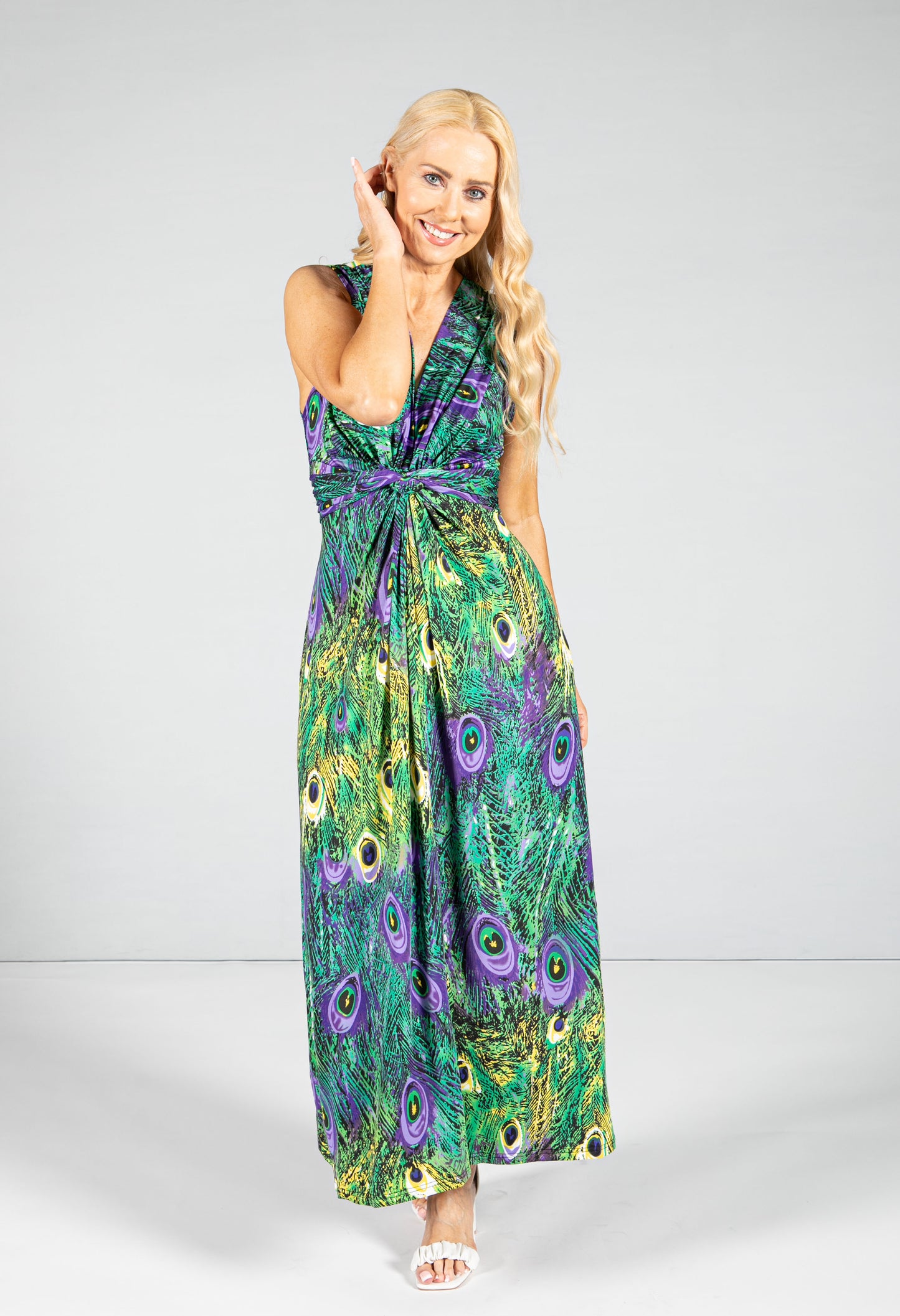 Peacock print maxi dress