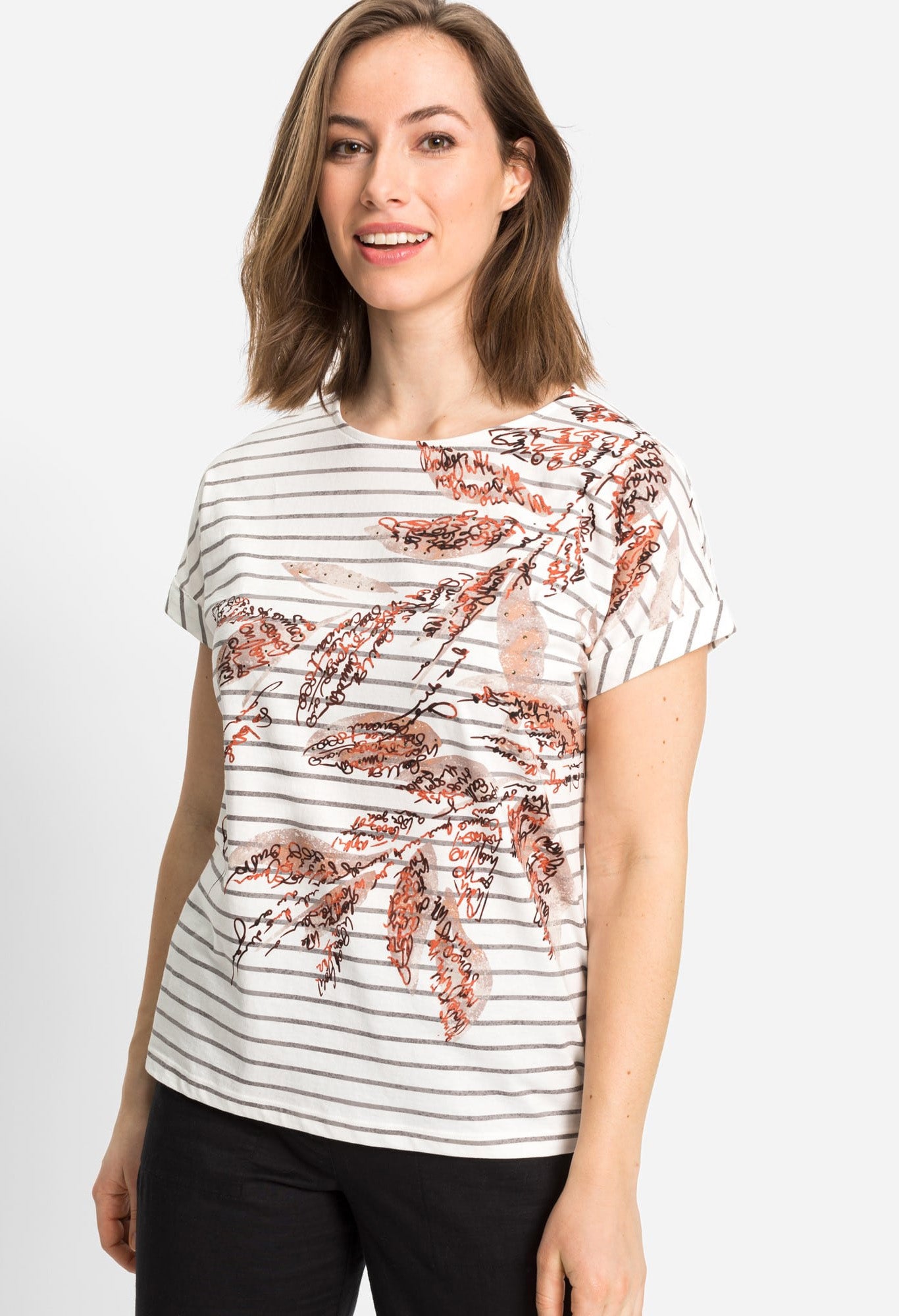 Short Sleeve Jewel Neck Stripe and Botanic Print T-Shirt