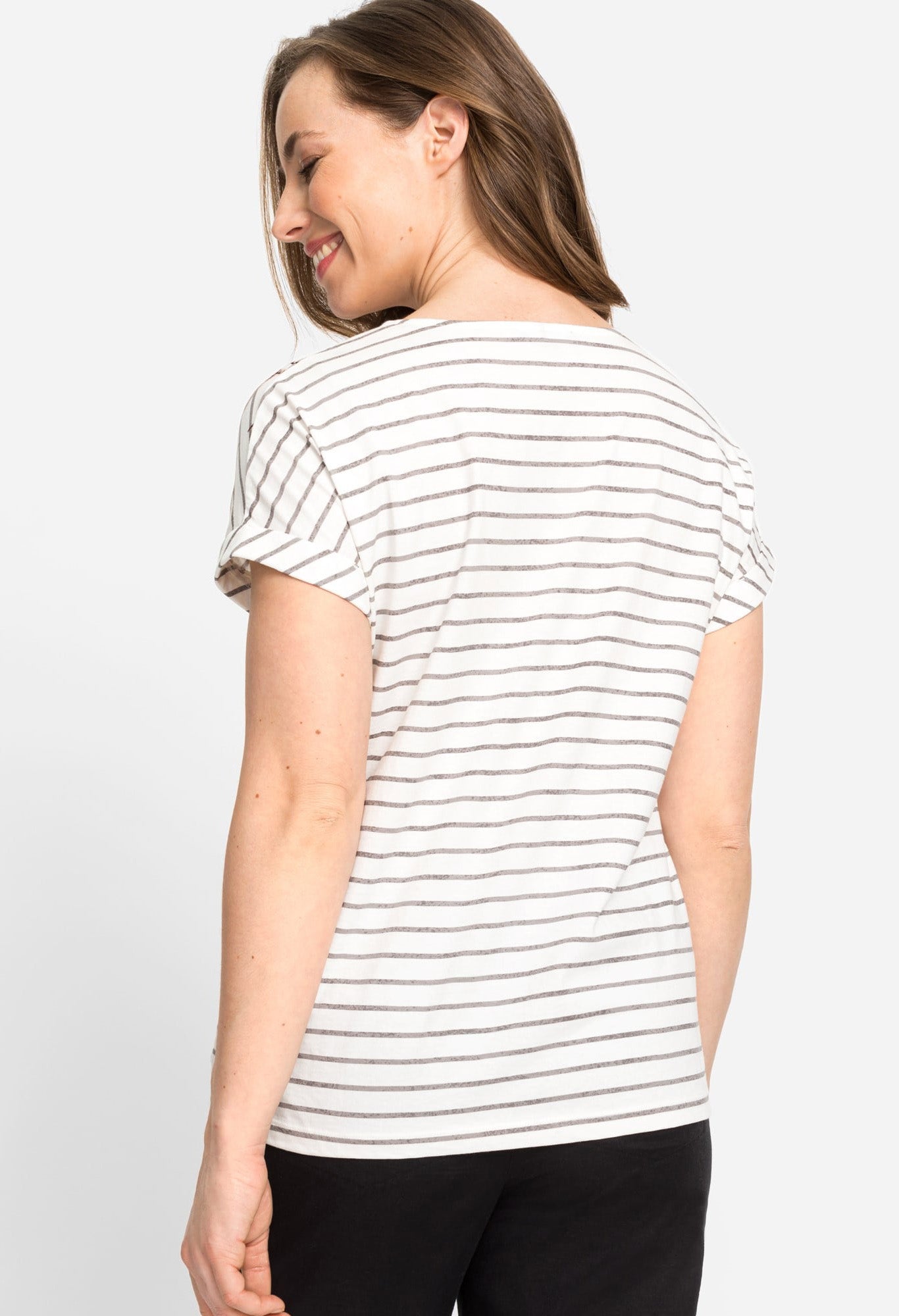 Short Sleeve Jewel Neck Stripe and Botanic Print T-Shirt