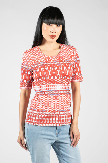 Short Sleeve Mix Print Tee in Coral