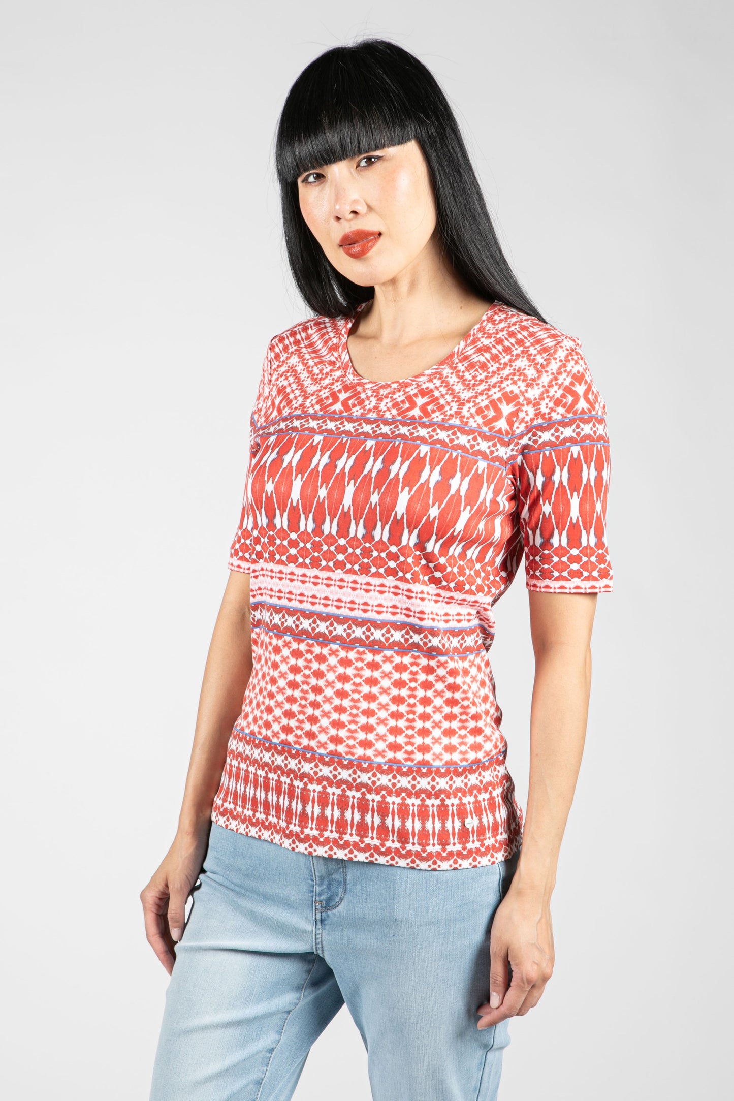 Short Sleeve Mix Print Tee in Coral