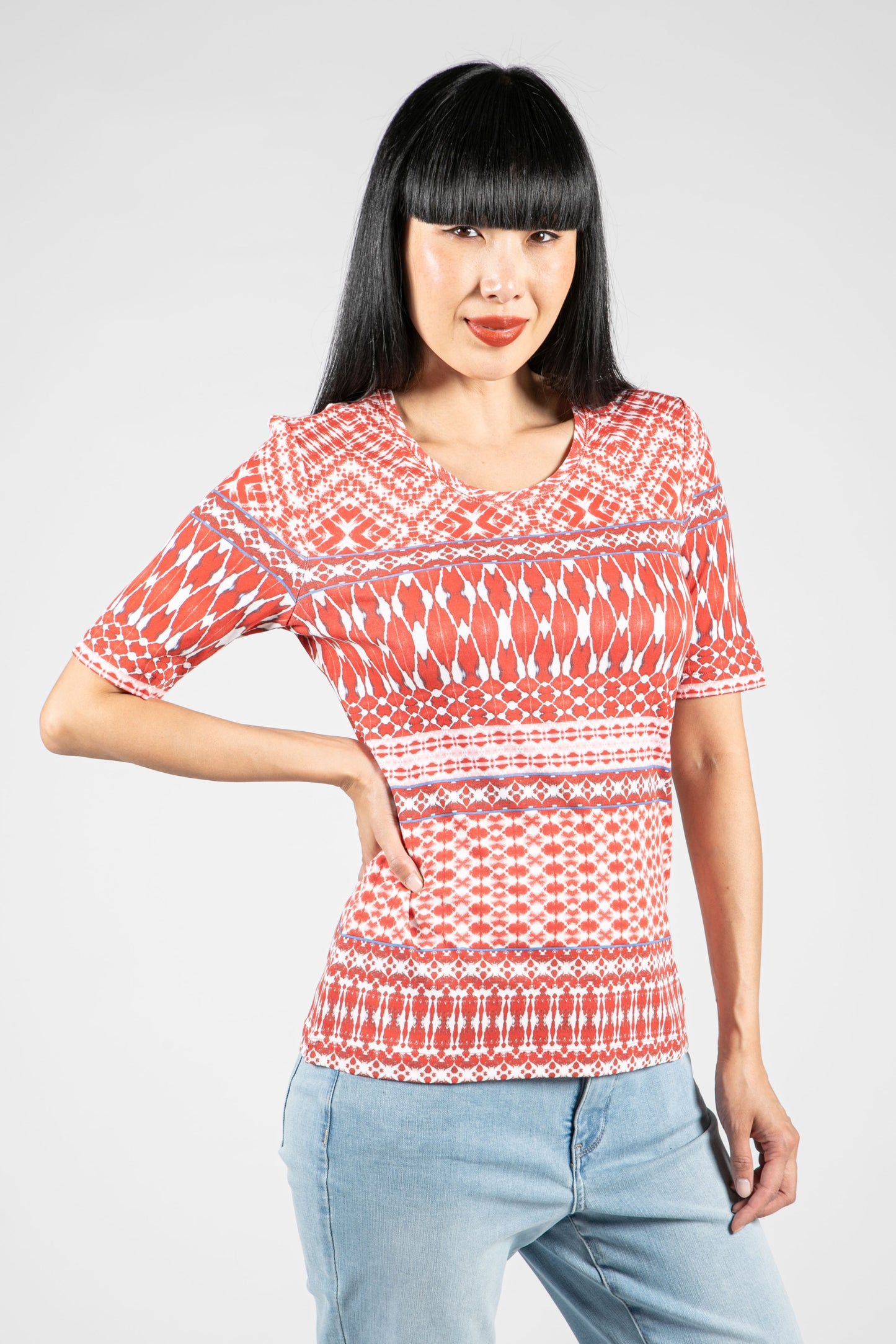 Short Sleeve Mix Print Tee in Coral