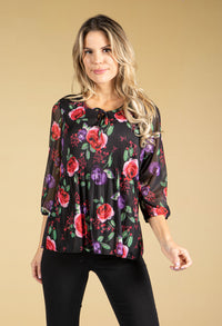 Rose Print Plisse Bodice Mesh Top