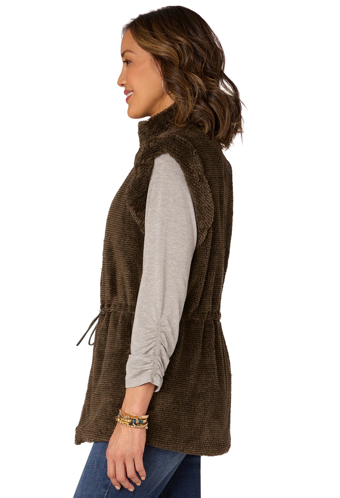 Flange Shoulder Drawstring Waist Fur Vest