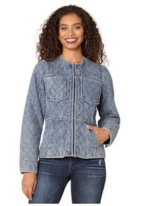 Long Puff Sleeve Round Neck Zip Front Quilted Peplum Denim Jacket