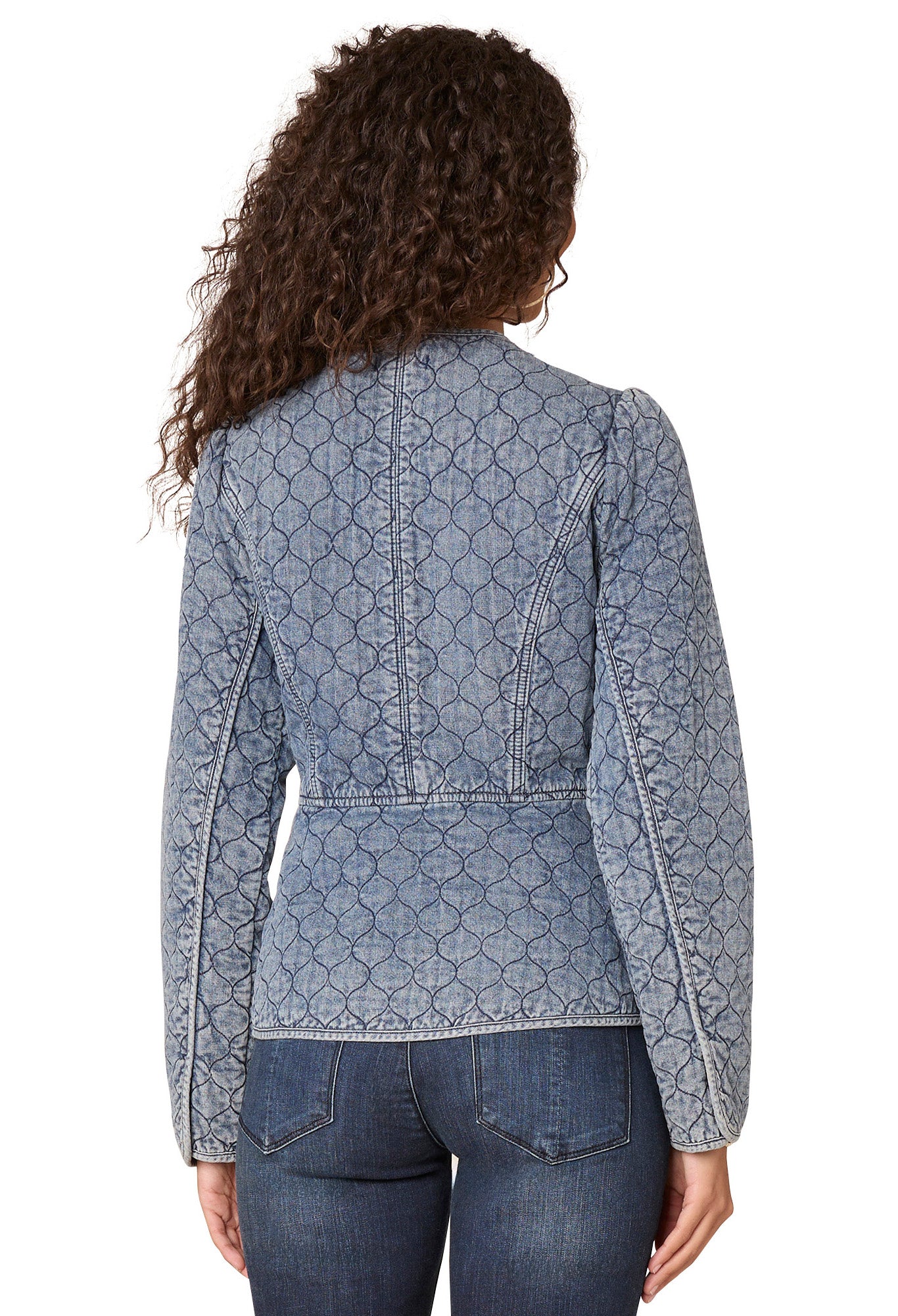 Long Puff Sleeve Round Neck Zip Front Quilted Peplum Denim Jacket