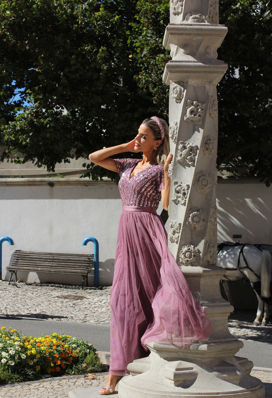 Lotus Pink V NECK SEQUIN AND TULLE DRESS WITH TIE WAIST