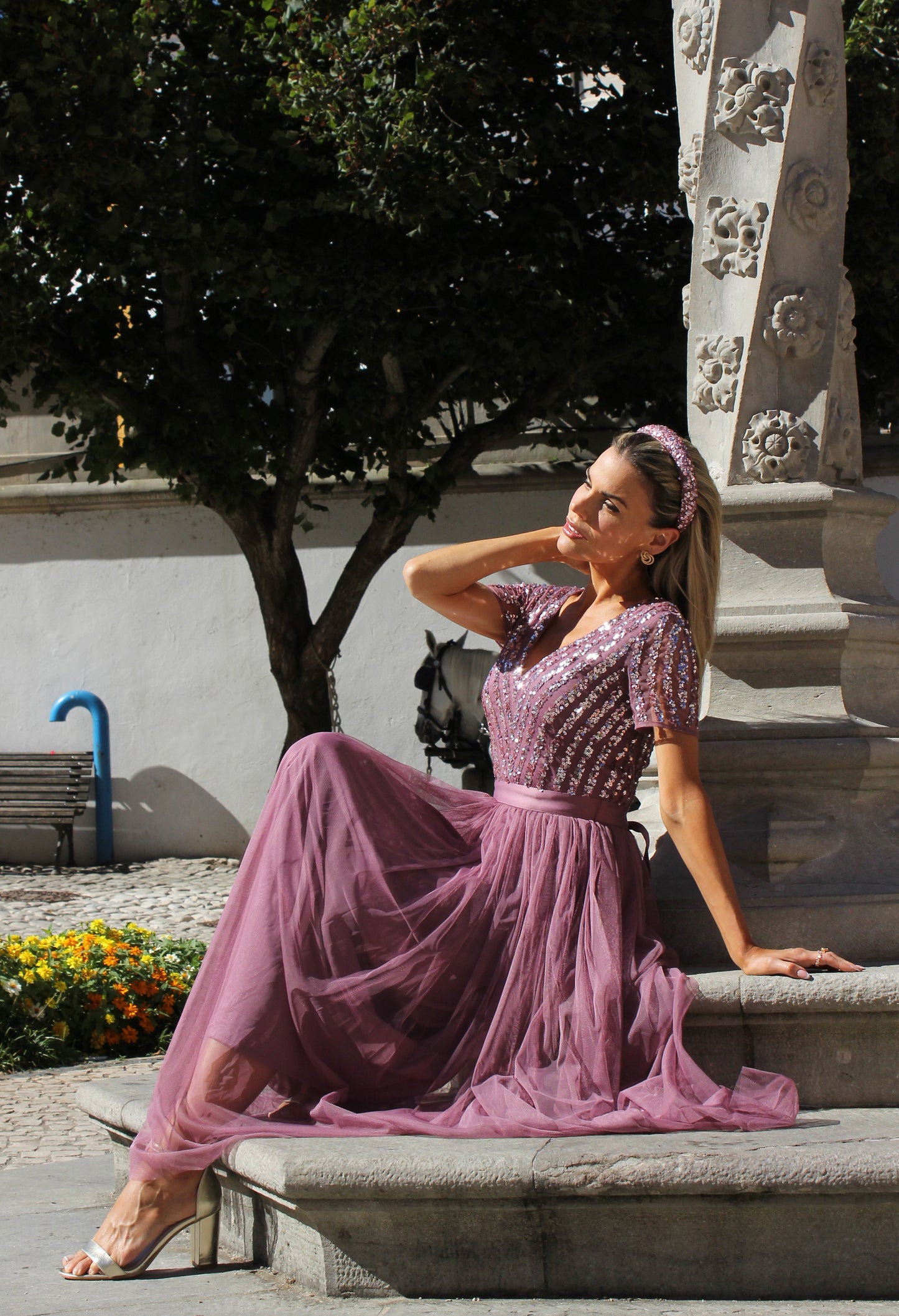 Lotus Pink V NECK SEQUIN AND TULLE DRESS WITH TIE WAIST