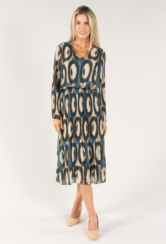 Abstract Print Long Sleeve Plisse Pop Over Dress