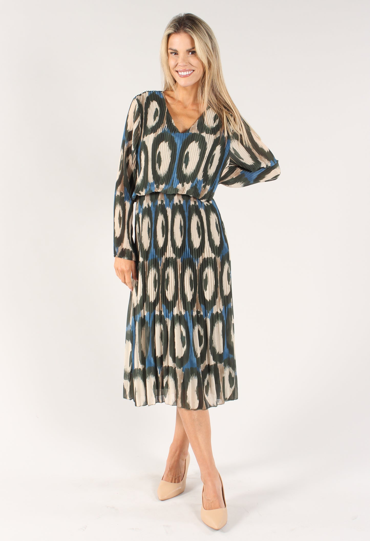 Abstract Print Long Sleeve Plisse Pop Over Dress