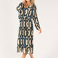 Abstract Print Long Sleeve Plisse Pop Over Dress