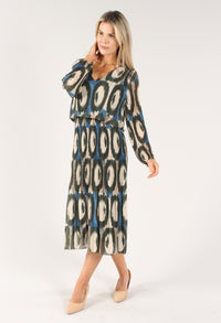 Abstract Print Long Sleeve Plisse Pop Over Dress