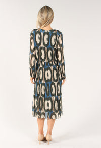 Abstract Print Long Sleeve Plisse Pop Over Dress