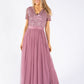 Lotus Pink V NECK SEQUIN AND TULLE DRESS WITH TIE WAIST