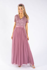 Lotus Pink V NECK SEQUIN AND TULLE DRESS WITH TIE WAIST