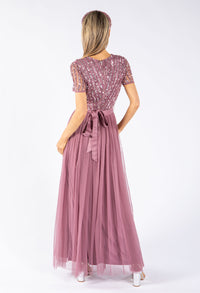 Lotus Pink V NECK SEQUIN AND TULLE DRESS WITH TIE WAIST