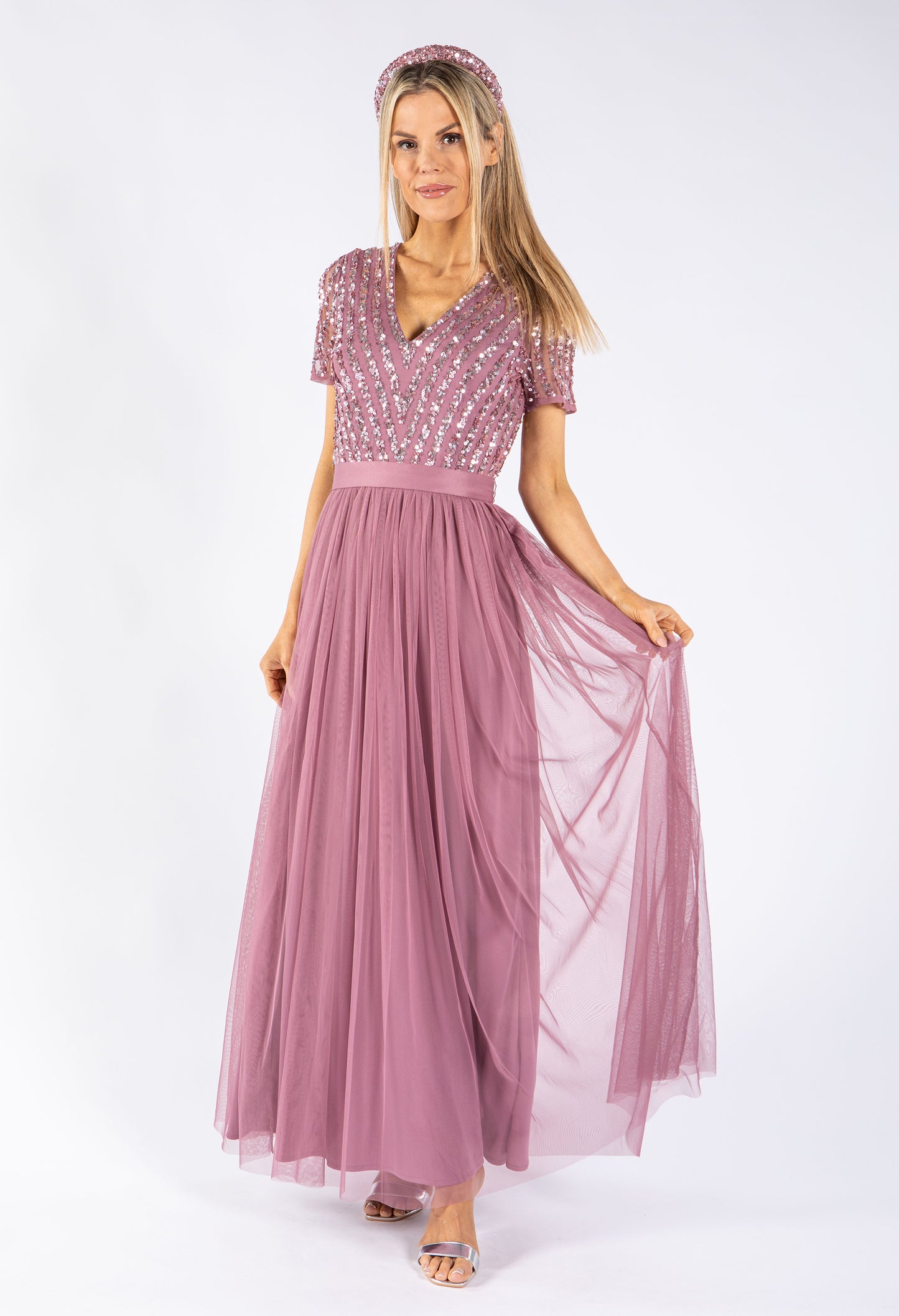 Lotus Pink V NECK SEQUIN AND TULLE DRESS WITH TIE WAIST