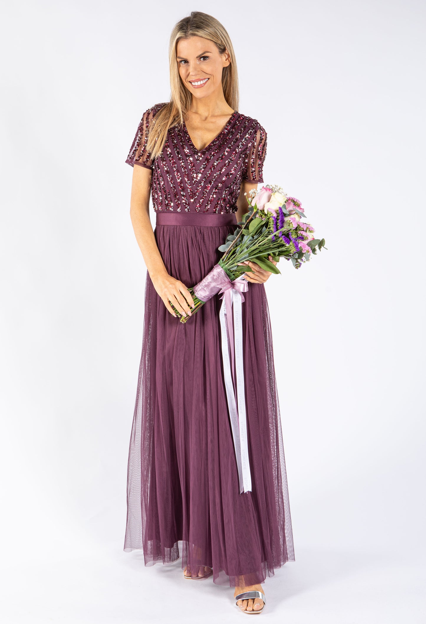 Berry V NECK SEQUIN AND TULLE DRESS WITH TIE WAIST