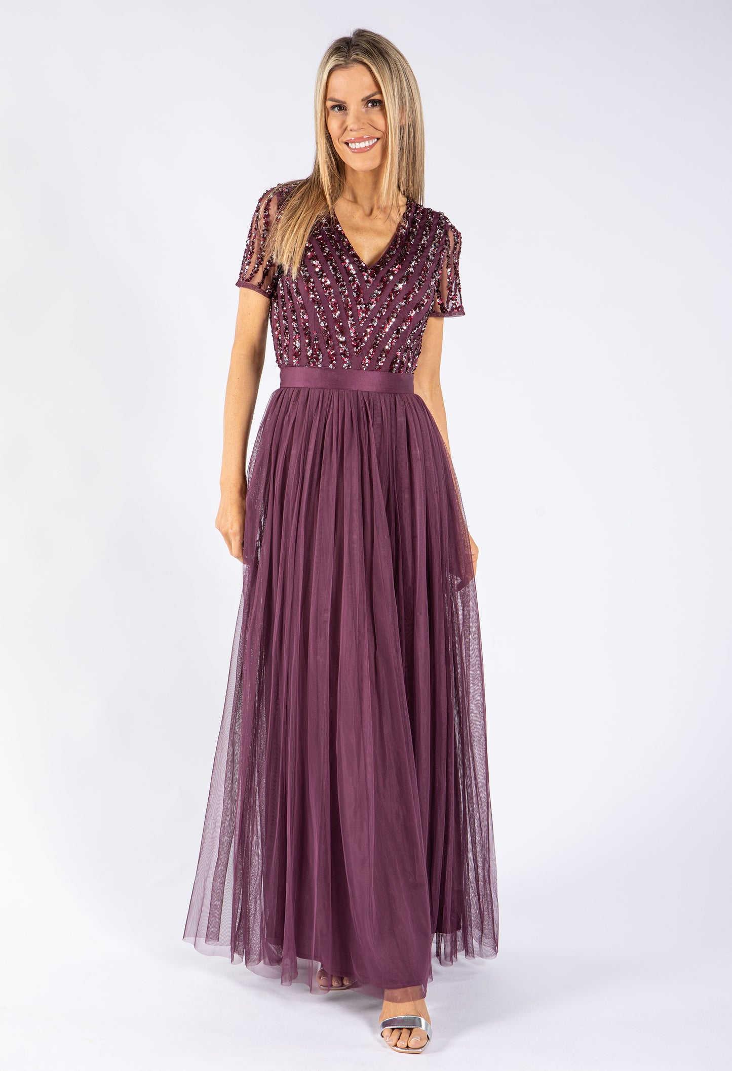 Berry V NECK SEQUIN AND TULLE DRESS WITH TIE WAIST