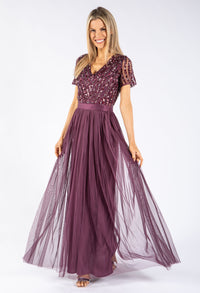 Berry V NECK SEQUIN AND TULLE DRESS WITH TIE WAIST