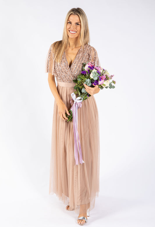 ANGEL SLEEVE EMBELLISHED MAXI DRESS WITH SASH BELT