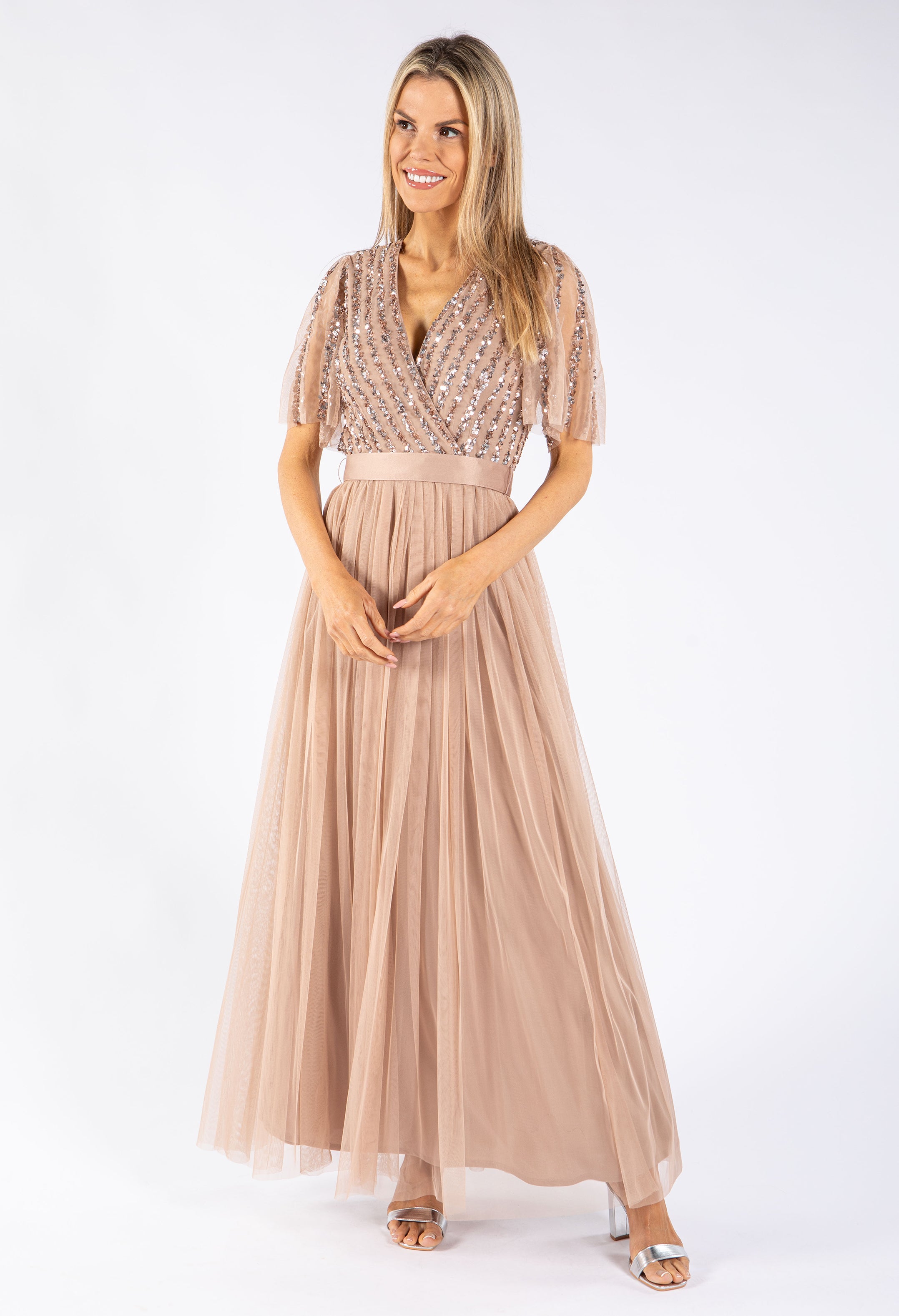 Maya TAUPE BLUSH ANGEL SLEEVE EMBELLISHED MAXI DRESS WITH SASH BELT Pamela Scott