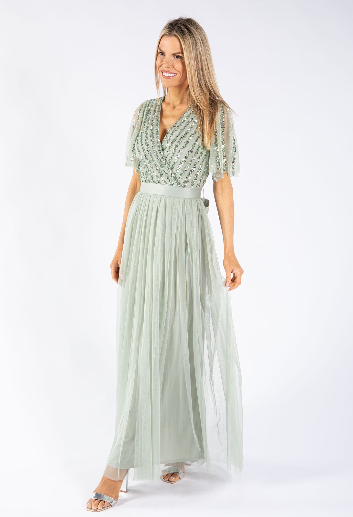 ANGEL SLEEVE EMBELLISHED MAXI DRESS WITH SASH BELT