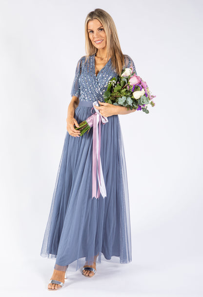 ANGEL SLEEVE EMBELLISHED MAXI DRESS WITH SASH BELT