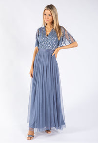 ANGEL SLEEVE EMBELLISHED MAXI DRESS WITH SASH BELT