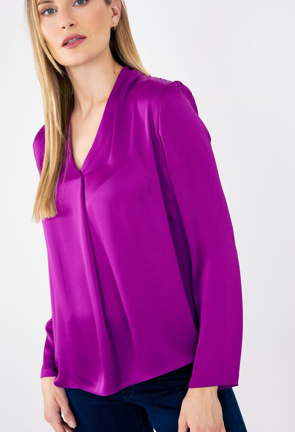 V-Neck Long Sleeve Satin Blouse