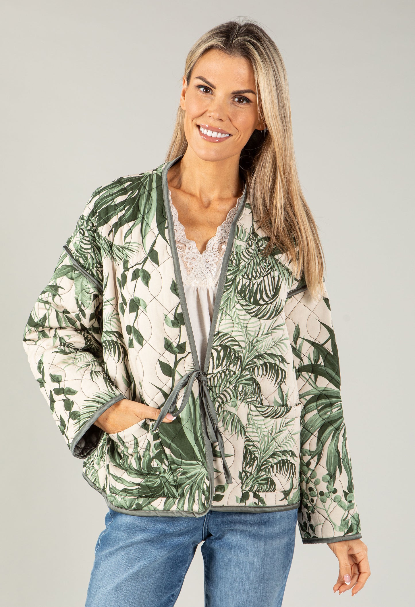 Botanical Tie Front Quilted Jacket