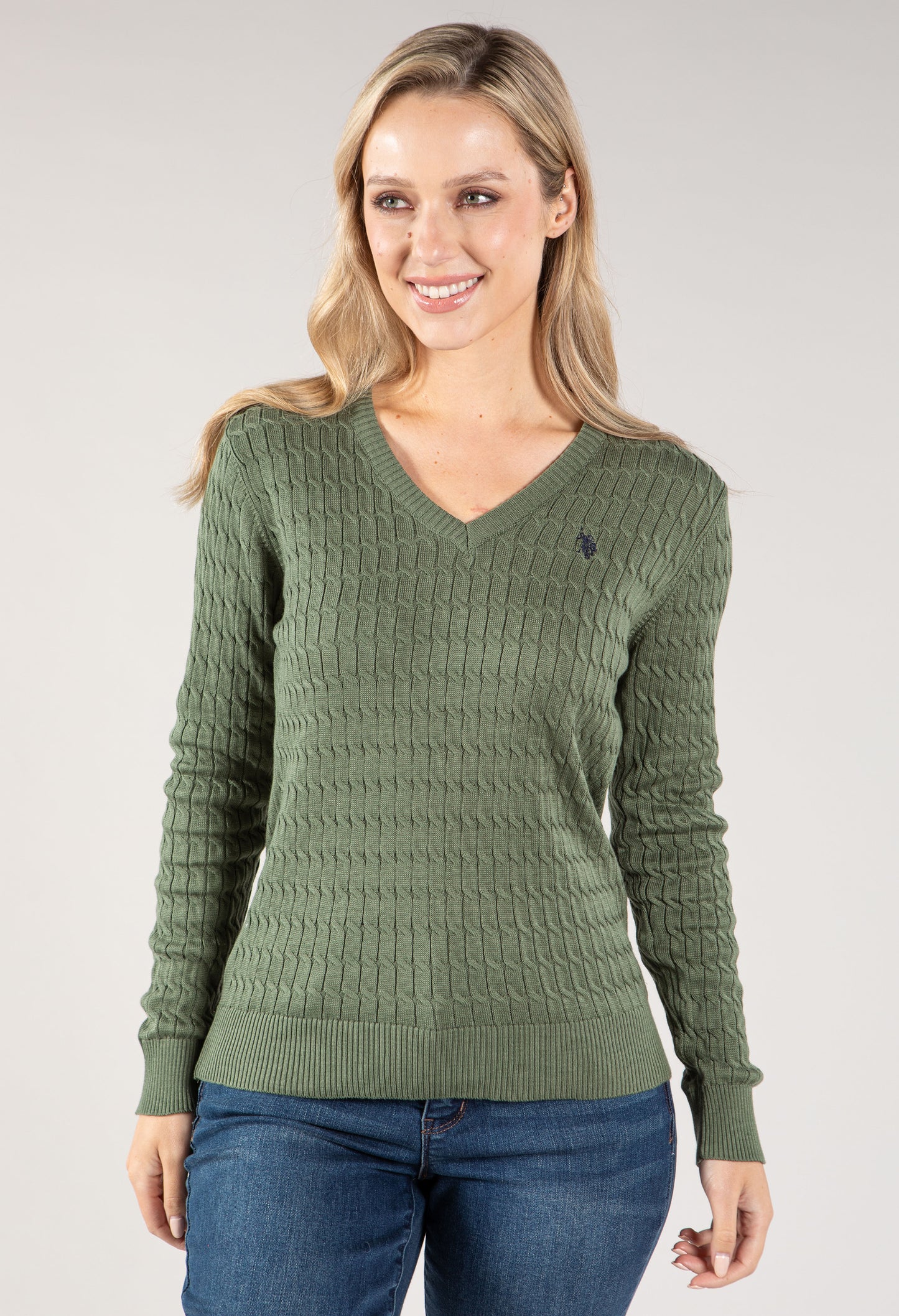 V Neckline Cable Knit Sweater