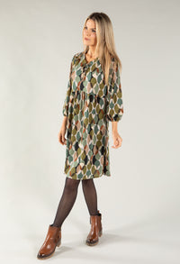 Geometric Print Tie Neck Dress