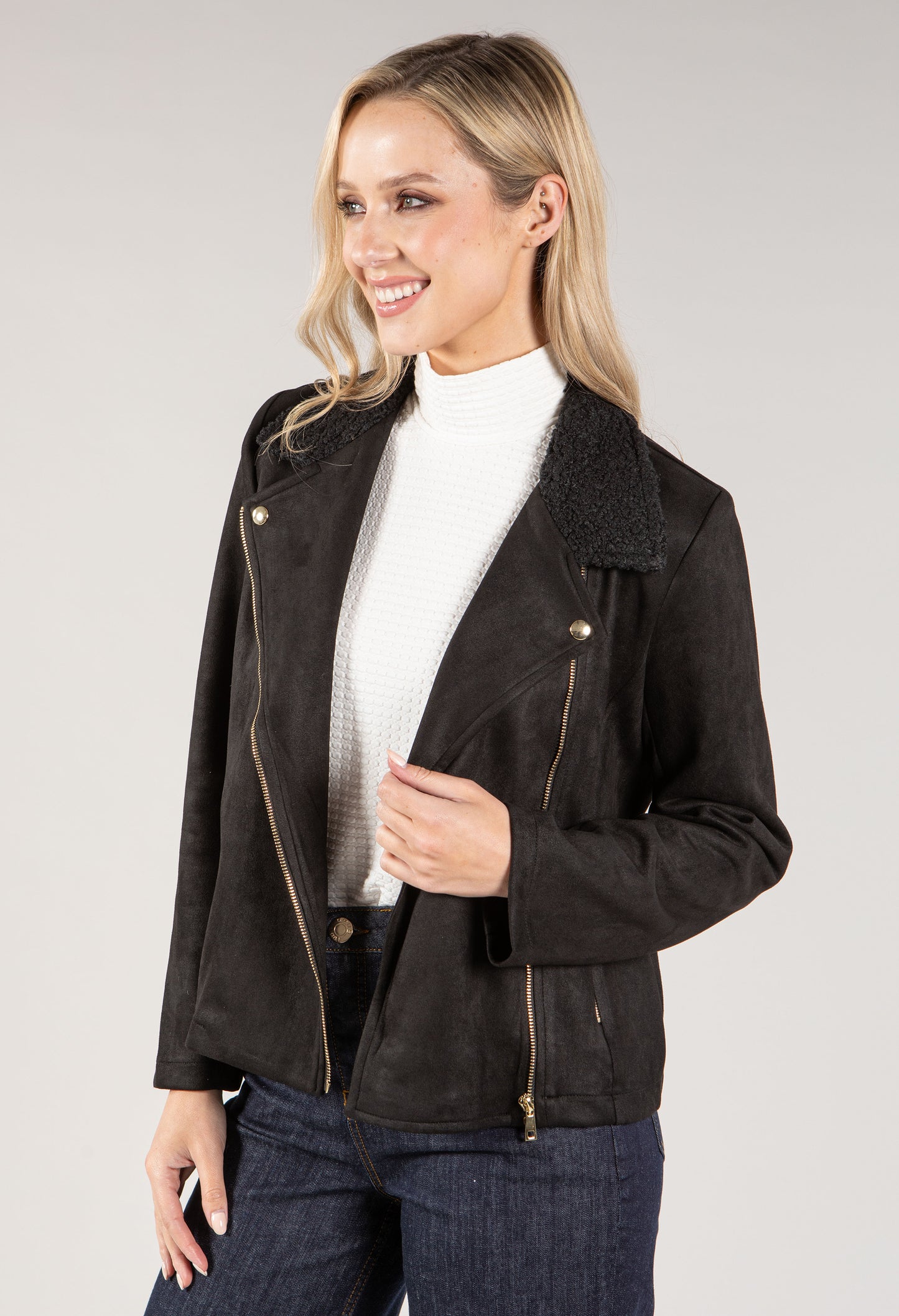 Suedette Sherpa Collar Biker Jacket