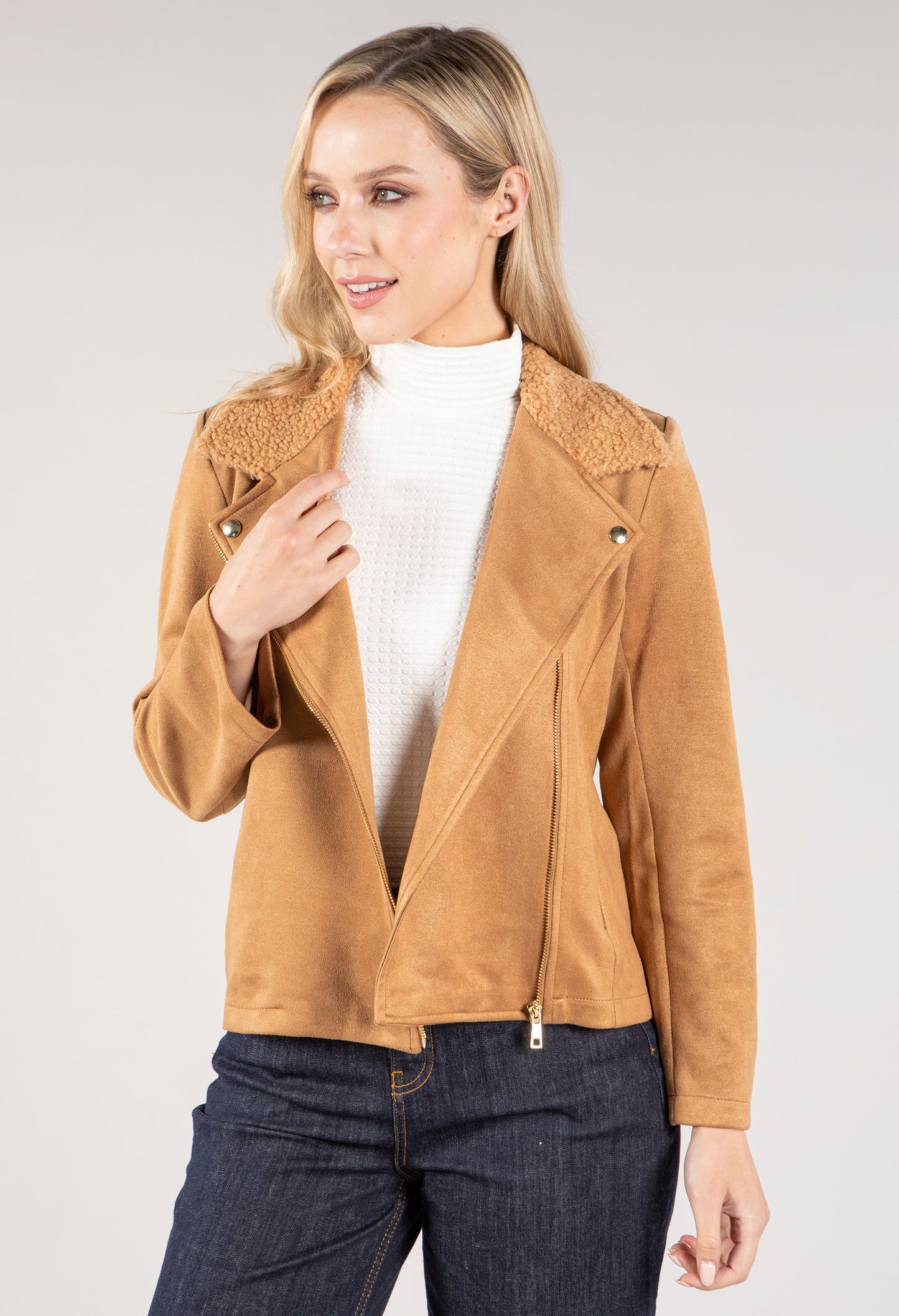 Suedette Sherpa Collar Biker Jacket