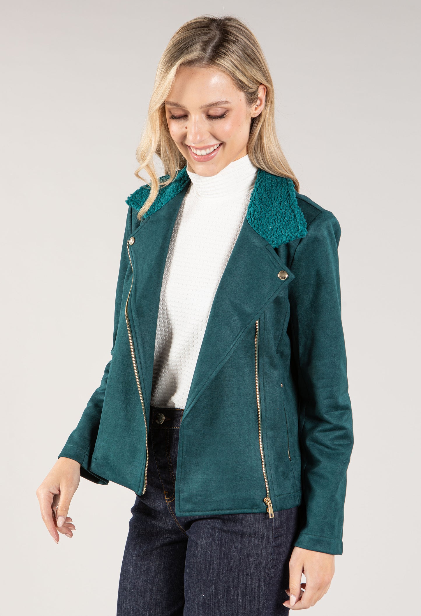 Suedette Sherpa Collar Biker Jacket