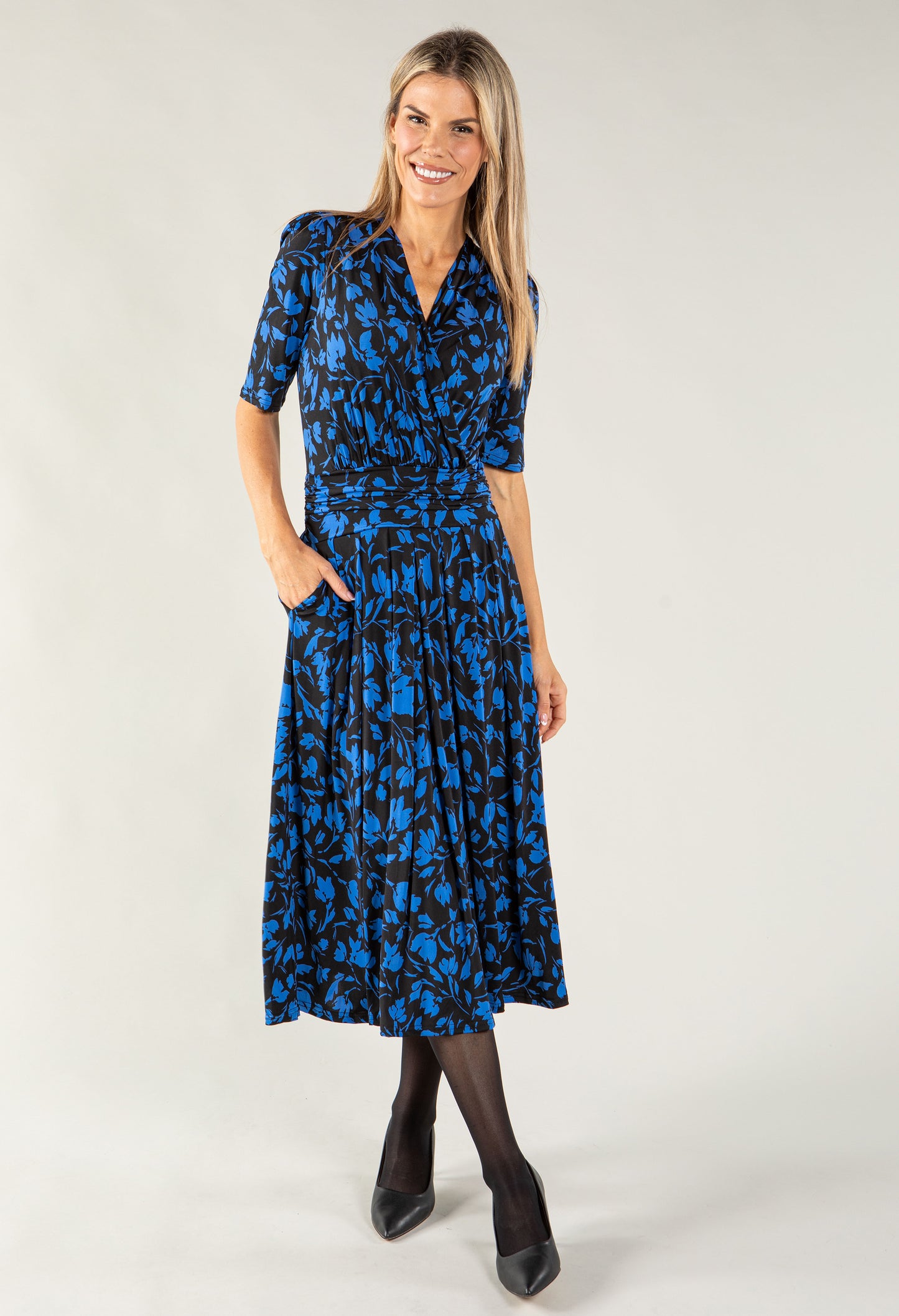 Leaf Print Wrap Bodice Midi Dress