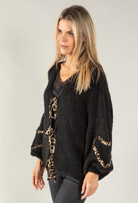 Leo Print Tie Front Knit Cardi