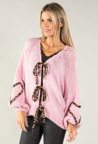 Leo Print Tie Front Knit Cardi