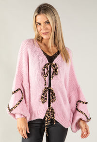 Leo Print Tie Front Knit Cardi