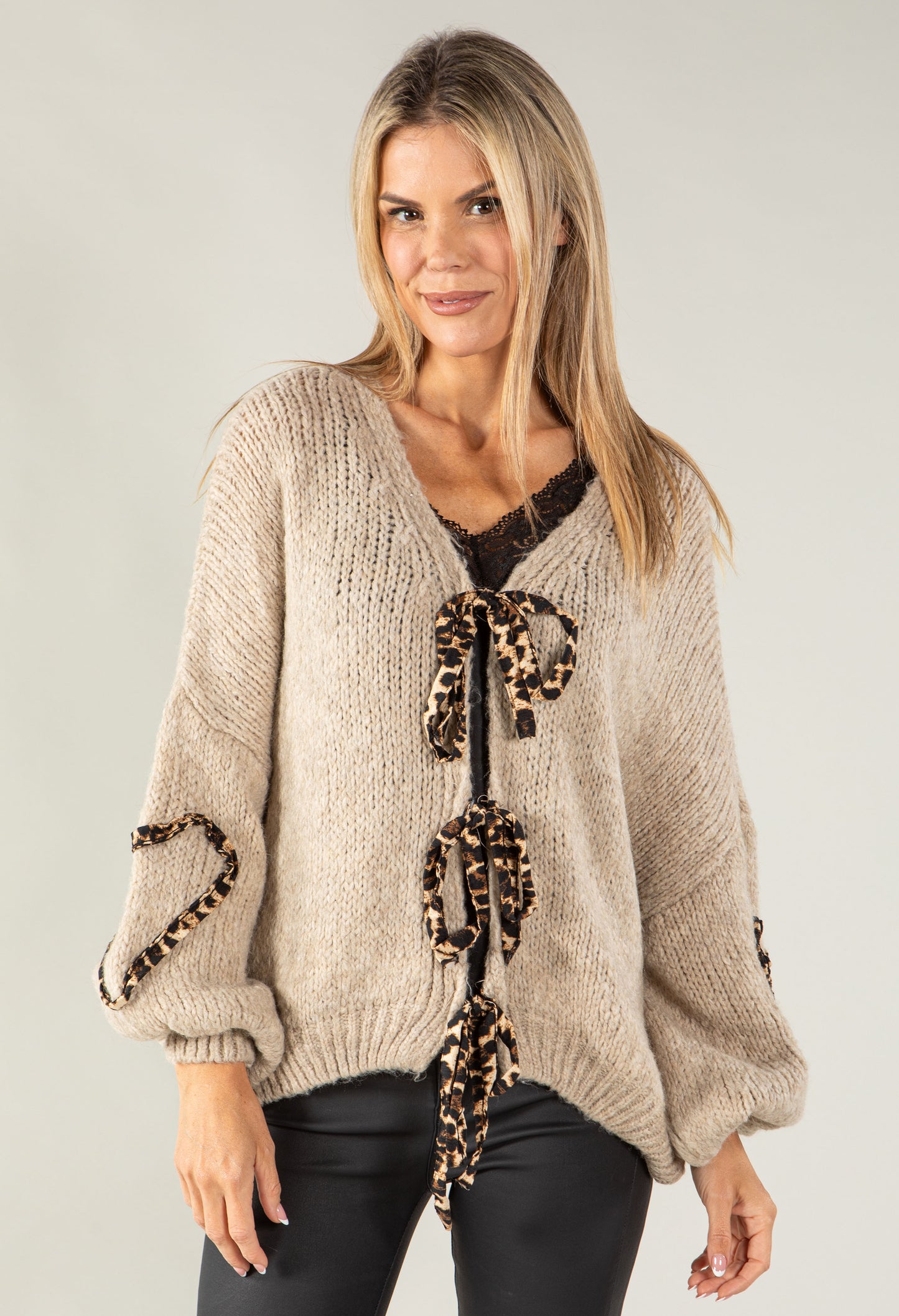 Leo Print Tie Front Knit Cardi