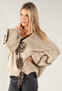 Leo Print Tie Front Knit Cardi