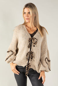 Leo Print Tie Front Knit Cardi