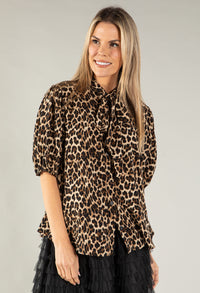 Leopard Print Tie Neck Blouse